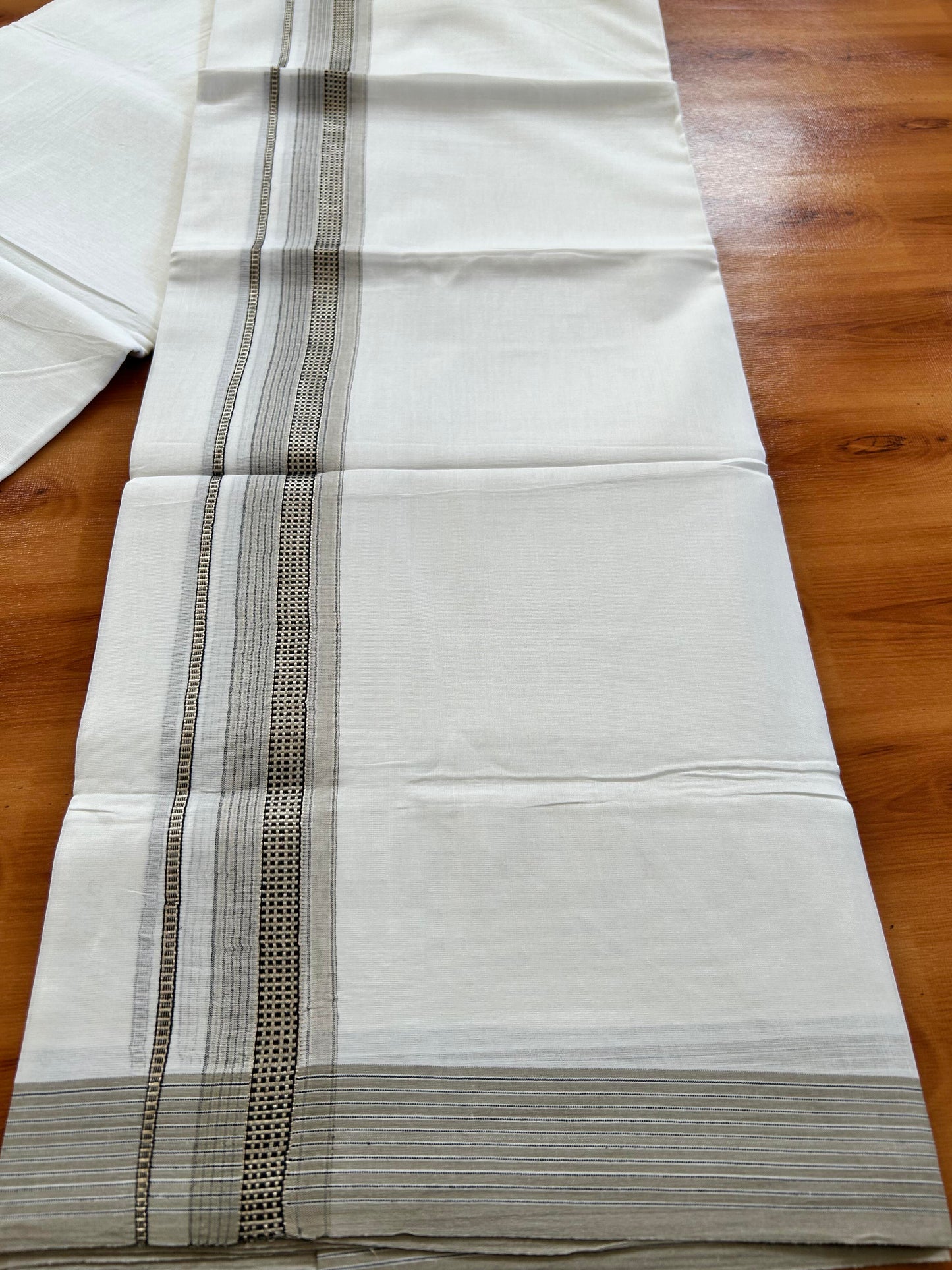 Double Pure White Mundu/Dothi - 20% Discount!! Kaitharikada Balaramapuram 100% Pure Cotton 100x100 - 1.25 inch Silver Kasav & Beige & Black Striped Kara - 3.90 m (8 muzham) - 11 KK5437 VAS