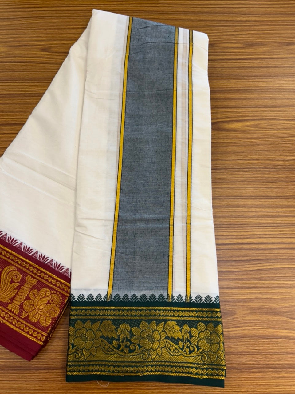 20% Discount! KaithariKada Cotton Mix Off White - (Unbleached) 80X90 thread - North Indian- Attached Gamcha- 10X6 Dhoti - 3.75 inch Green Gold Kasav kara with Dark Maroon & Green Gold Kasav Design border - 5 KK8304 PMC