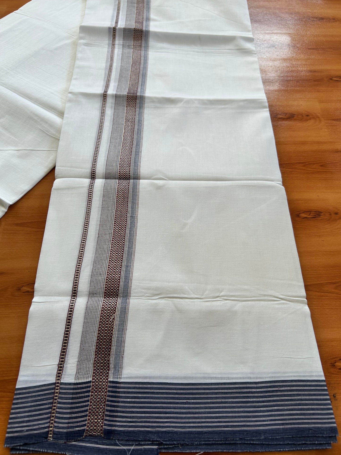 Double Pure White Mundu/Dothi - 20% Discount!! Kaitharikada Balaramapuram 100% Pure Cotton 100x100 - 1.25 inch Silver Kasav & Navy Blue & Maroon Striped Kara - 3.90 m (8 muzham) - 9 KK5437 VAS