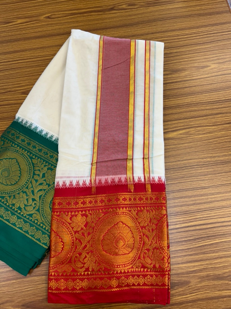 20% Discount! KaithariKada Cotton Mix Off White - (Unbleached) 80X90 thread - North Indian- Attached Gamcha - 10X6 Dhoti 3.75 inch Red Gold Kasav kara with Red & Green Gold Kasav Design border - 2 KK8304 PMC