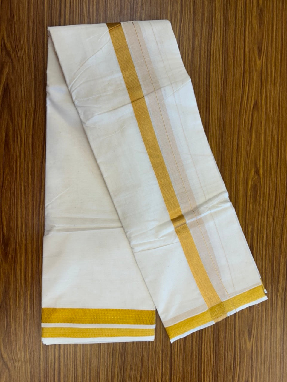 20% Discount! Kaitharikada Balaramapuram Cotton Mix Off White - (Unbleached) 80X90 thread - North Iindian- Attached Gamcha - 10X6 Dhoti - 1.25 inch Gold Kasav border - 27 KK8304 PMC