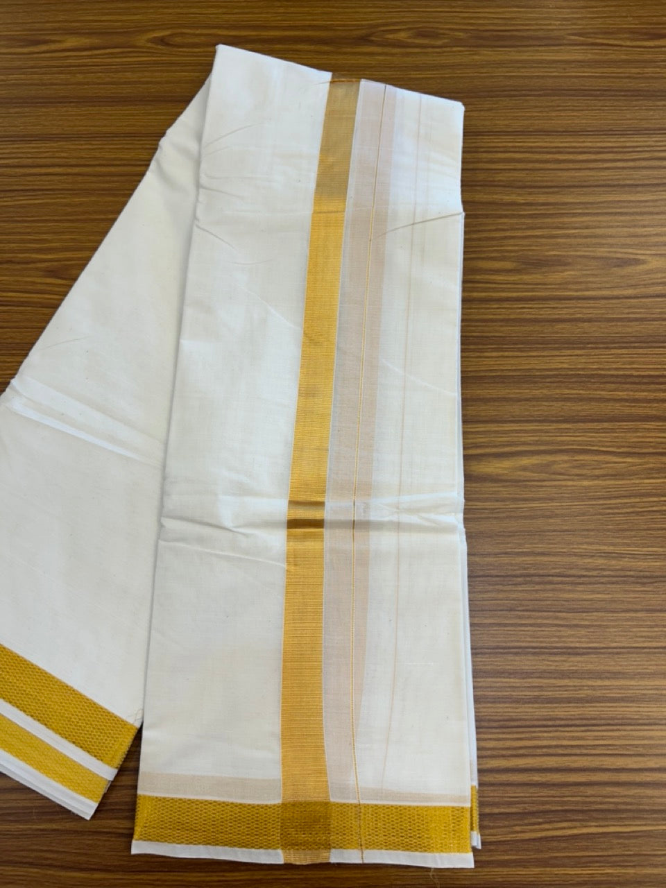 20% Discount! Kaitharikada Balaramapuram Cotton Mix Off White - (Unbleached) 80X90 thread - North Iindian- Attached Gamcha - 10X6 Dhoti - 1.25 inch Gold Kasav border - 27 KK8304 PMC