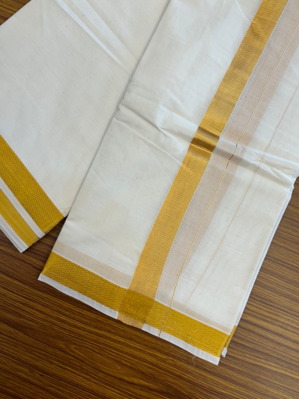 20% Discount! Kaitharikada Balaramapuram Cotton Mix Off White - (Unbleached) 80X90 thread - North Iindian- Attached Gamcha - 10X6 Dhoti - 1.25 inch Gold Kasav border - 27 KK8304 PMC