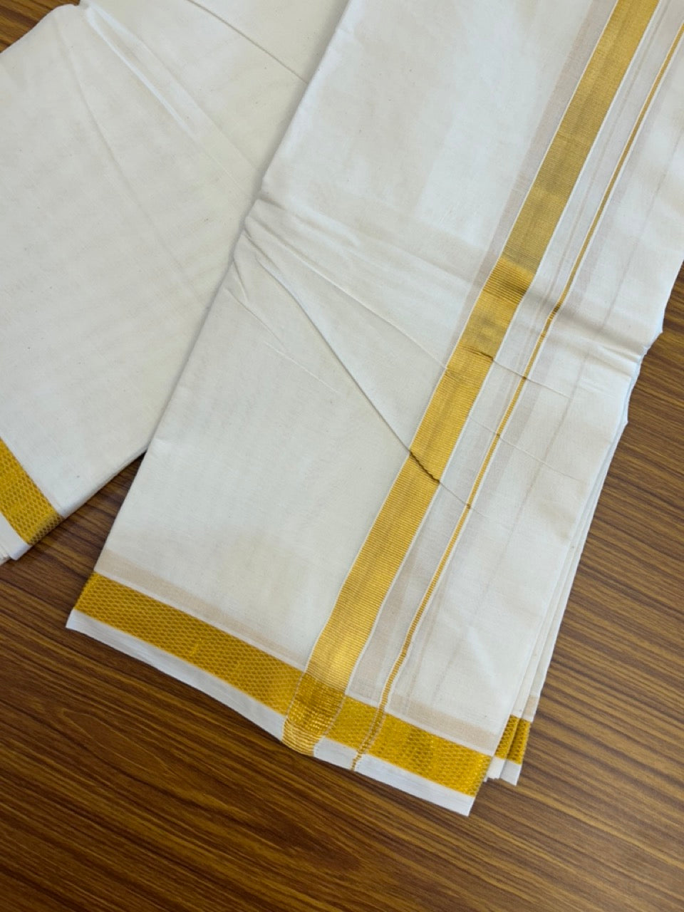 20% Discount! Kaitharikada Balaramapuram Cotton Mix Off White - (Unbleached) 80X90 thread - North Iindian- Attached Gamcha - 10X6 Dhoti - 0.75 inchGold Kasav border - 21 KK8304 PMC