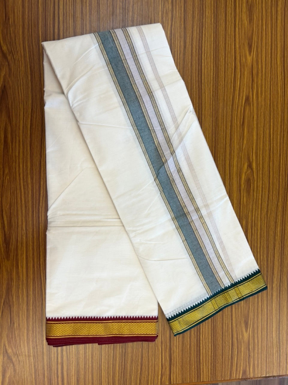 20% Discount! KaithariKada Cotton Mix Off White - (Unbleached) 80X90 thread - North Indian- Attached Gamcha - 10X6 Dhoti - 2 inch Green Gold Kasav kara with Maroon & Green Gold Kasav Design border - 14 KK8304 PMC