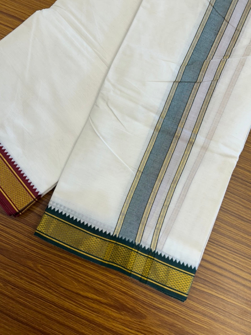 20% Discount! KaithariKada Cotton Mix Off White - (Unbleached) 80X90 thread - North Indian- Attached Gamcha - 10X6 Dhoti - 2 inch Green Gold Kasav kara with Maroon & Green Gold Kasav Design border - 14 KK8304 PMC