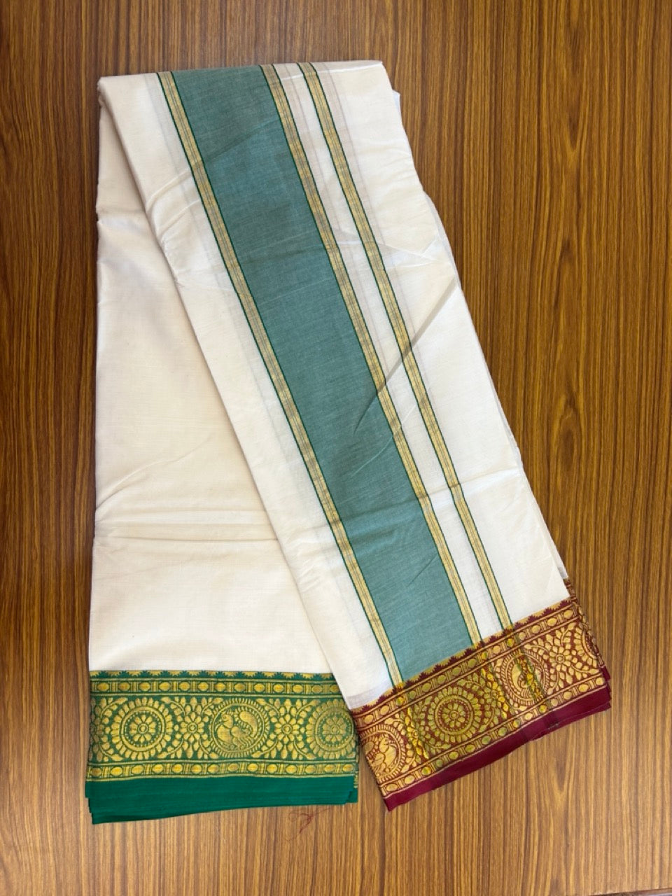 20% Discount! KaithariKada Cotton Mix Off White - (Unbleached) 80X90 thread - North Indian - Attached Gamcha - 10X6 Dhoti - 3.75 inch Green Gold Kasav kara with Dark Maroon & Green Gold Kasav Design border - 4 KK8304 PMC