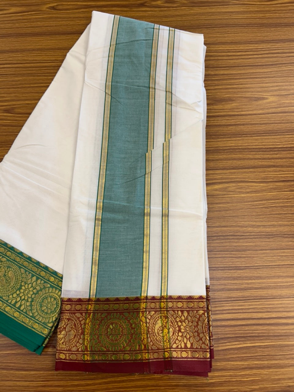 20% Discount! KaithariKada Cotton Mix Off White - (Unbleached) 80X90 thread - North Indian - Attached Gamcha - 10X6 Dhoti - 3.75 inch Green Gold Kasav kara with Dark Maroon & Green Gold Kasav Design border - 4 KK8304 PMC