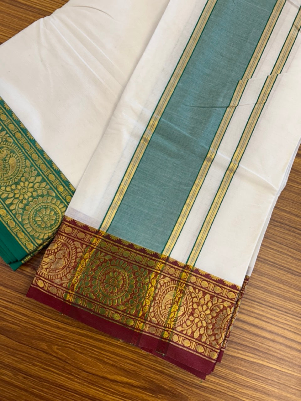 20% Discount! KaithariKada Cotton Mix Off White - (Unbleached) 80X90 thread - North Indian - Attached Gamcha - 10X6 Dhoti - 3.75 inch Green Gold Kasav kara with Dark Maroon & Green Gold Kasav Design border - 4 KK8304 PMC