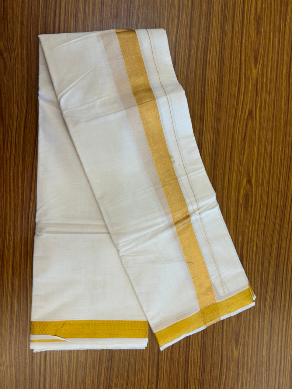 20% Discount! Kaitharikada Balaramapuram Cotton Mix Off White - (Unbleached) 80X90 thread - North Iindian- Attached Gamcha - 10X6 Dhoti - 1.5 inch Gold Kasav border - 28 KK8304 PMC