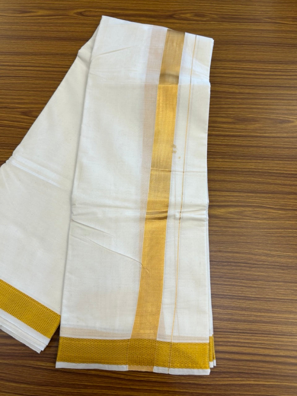 20% Discount! Kaitharikada Balaramapuram Cotton Mix Off White - (Unbleached) 80X90 thread - North Iindian- Attached Gamcha - 10X6 Dhoti - 1.5 inch Gold Kasav border - 28 KK8304 PMC