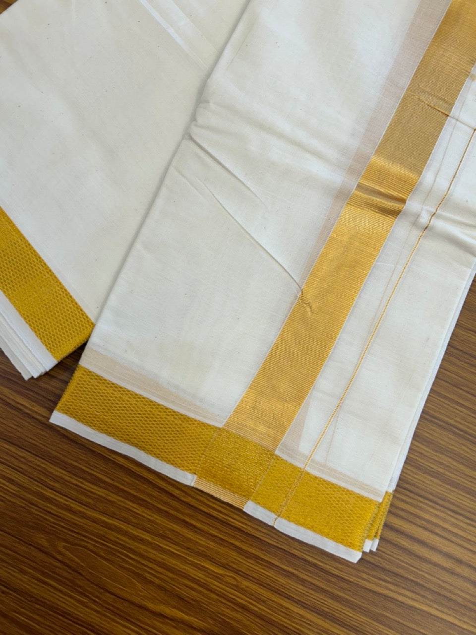 20% Discount! Kaitharikada Balaramapuram Cotton Mix Off White - (Unbleached) 80X90 thread - North Iindian- Attached Gamcha - 10X6 Dhoti - 1.5 inch Gold Kasav border - 28 KK8304 PMC
