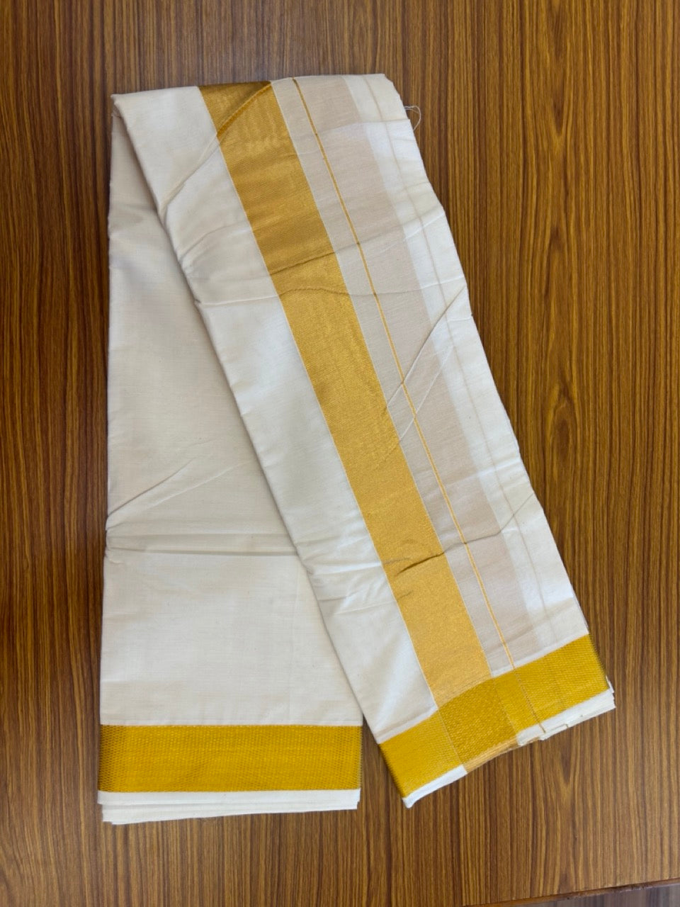 20% Discount! Kaitharikada Balaramapuram Cotton Mix Off White - (Unbleached) 80X90 thread - North Iindian- Attached Gamcha - 10X6 Dhoti - 2.25 inch Gold Kasav border - 26 KK8304 PMC