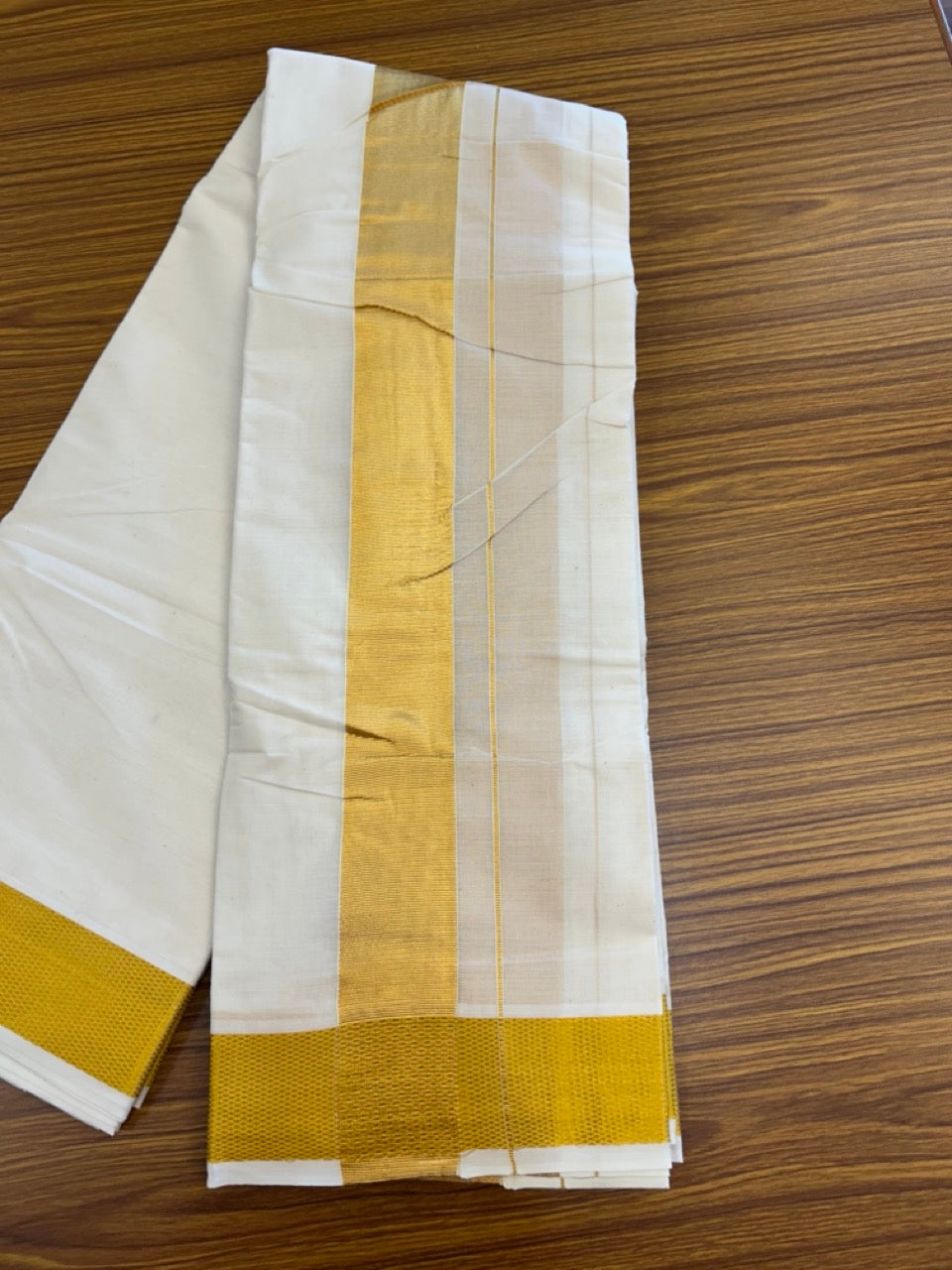 20% Discount! Kaitharikada Balaramapuram Cotton Mix Off White - (Unbleached) 80X90 thread - North Iindian- Attached Gamcha - 10X6 Dhoti - 2.25 inch Gold Kasav border - 26 KK8304 PMC