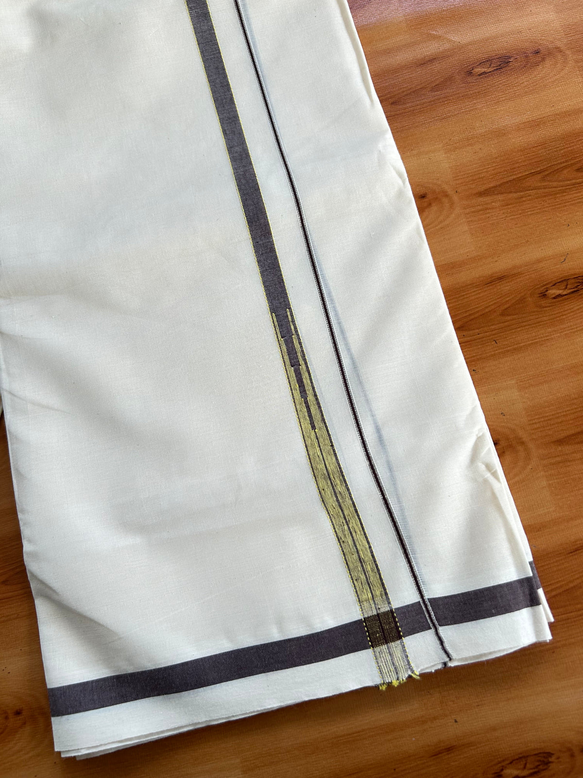 Double Off White (Unbleached) Mundu/Dhoti - 20% Discount!! KaithariKada Pulimood 100% Cotton 100X80- 0.5 inch Puliyilakkara Silver Kasav Coffee Brown & Bright Yellow Striped Chutty Kara - 4 mtr (8.5 muzham) - 5 KK5548 VAS