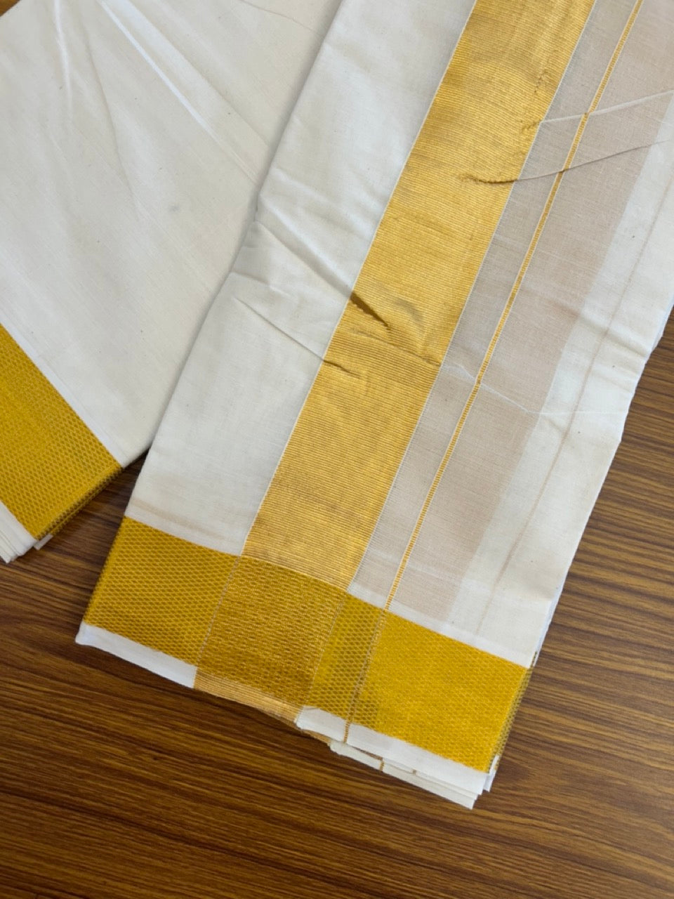 20% Discount! Kaitharikada Balaramapuram Cotton Mix Off White - (Unbleached) 80X90 thread - North Iindian- Attached Gamcha - 10X6 Dhoti - 2.25 inch Gold Kasav border - 26 KK8304 PMC