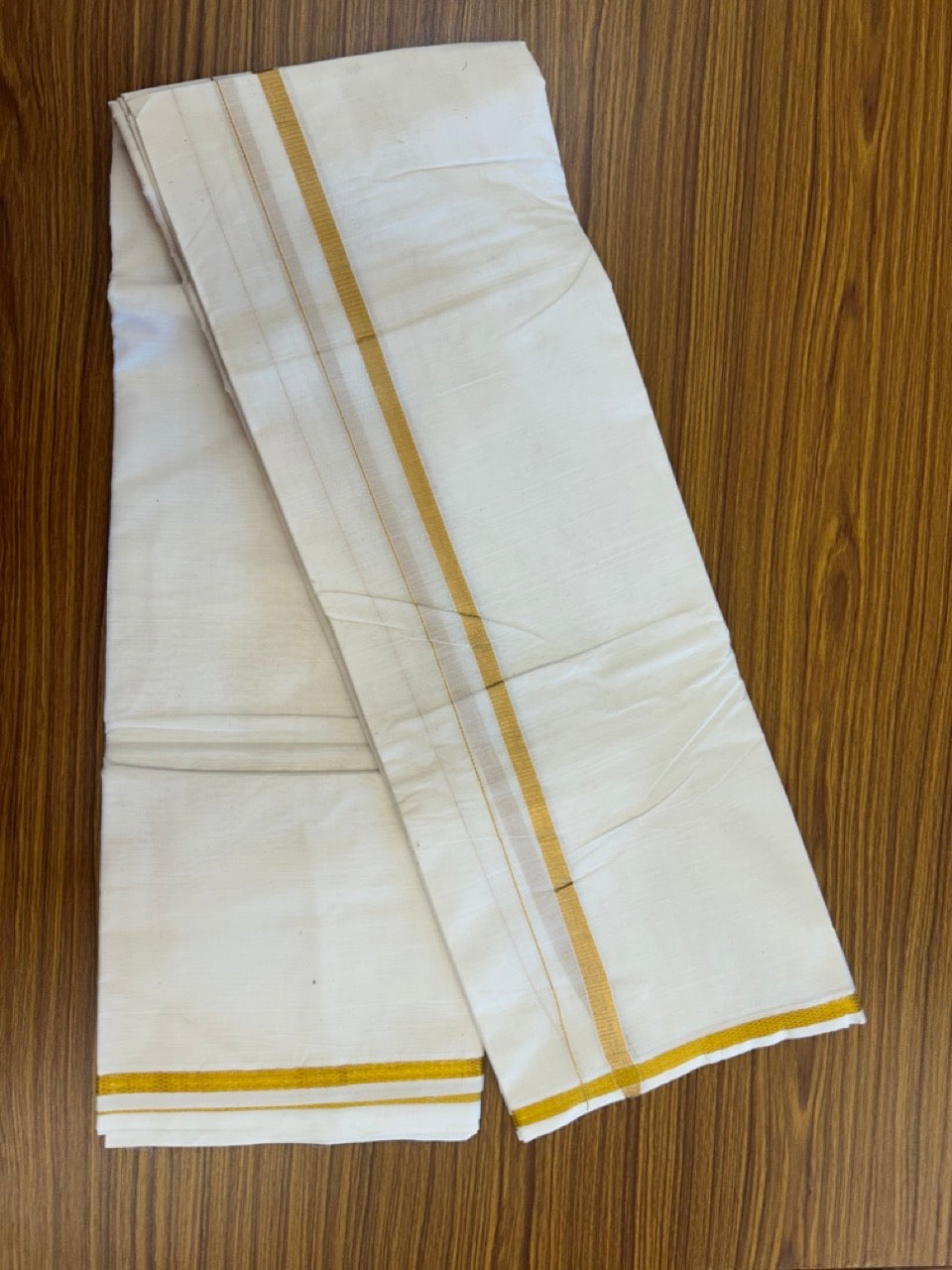 20% Discount! Kaitharikada Balaramapuram Cotton Mix Off White - (Unbleached) 80X90 thread - North Iindian- Attached Gamcha - 10X6 Dhoti - 0.5 inchGold Kasav border - 20 KK8304 PMC