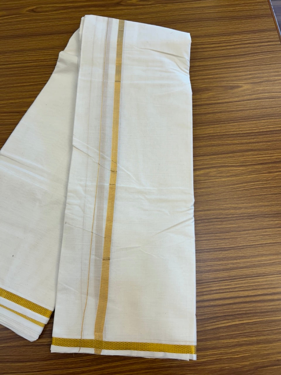 20% Discount! Kaitharikada Balaramapuram Cotton Mix Off White - (Unbleached) 80X90 thread - North Iindian- Attached Gamcha - 10X6 Dhoti - 0.5 inchGold Kasav border - 20 KK8304 PMC