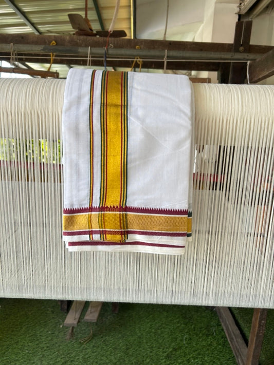20% Discount! KaithariKada Cotton Mix Off White - (Unbleached) 80X90 thread - North Indian- Attached Gamcha - 10X6 Dhoti - 1.25 inch Green Gold Kasav kara with Dark Maroon & Green Gold Kasav Design border - 10 KK8304 PMC