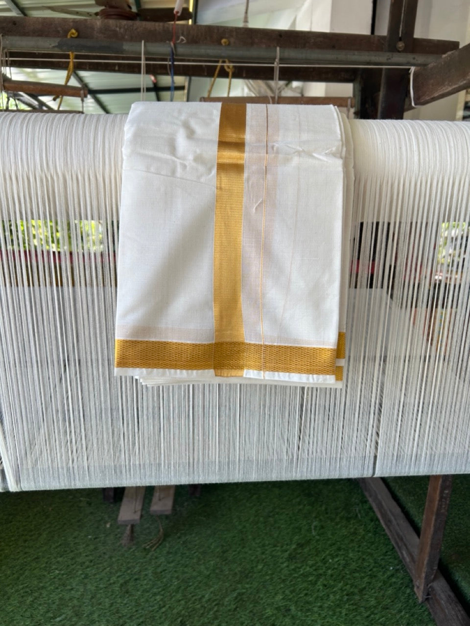 20% Discount! Kaitharikada Balaramapuram Cotton Mix Off White - (Unbleached) 80X90 thread - North Iindian- Attached Gamcha - 10X6 Dhoti - 1.25 inch Gold Kasav border - 27 KK8304 PMC