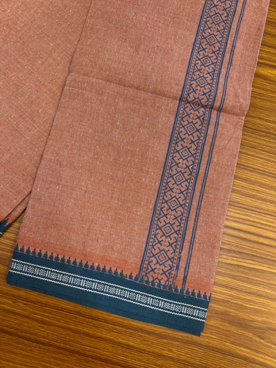 18% Discount!!! Kaitharikada Pure Cotton - Single Kaily / Lungi - 1.75 inch Peacock Blue printed kuppadam Border with Kavi colour body (2 meter / 4 muzham)- 18KK8023 AS