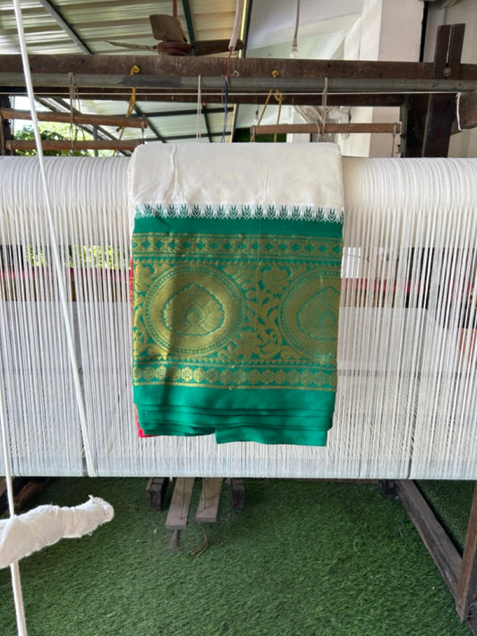 20% Discount! KaithariKada Cotton Mix Off White - (Unbleached) 80X90 thread - North Indian- Attached Gamcha - 10X6 Dhoti 3.75 inch Red Gold Kasav kara with Red & Green Gold Kasav Design border - 2 KK8304 PMC