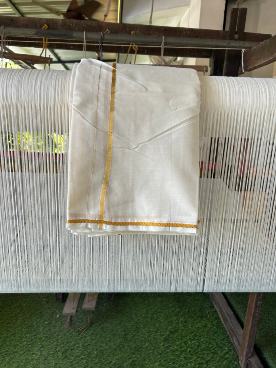 20% Discount! Kaitharikada Balaramapuram Cotton Mix Off White - (Unbleached) 80X90 thread - North Iindian- Attached Gamcha - 10X6 Dhoti - 0.25 inchGold Kasav border - 19 KK8304 PMC