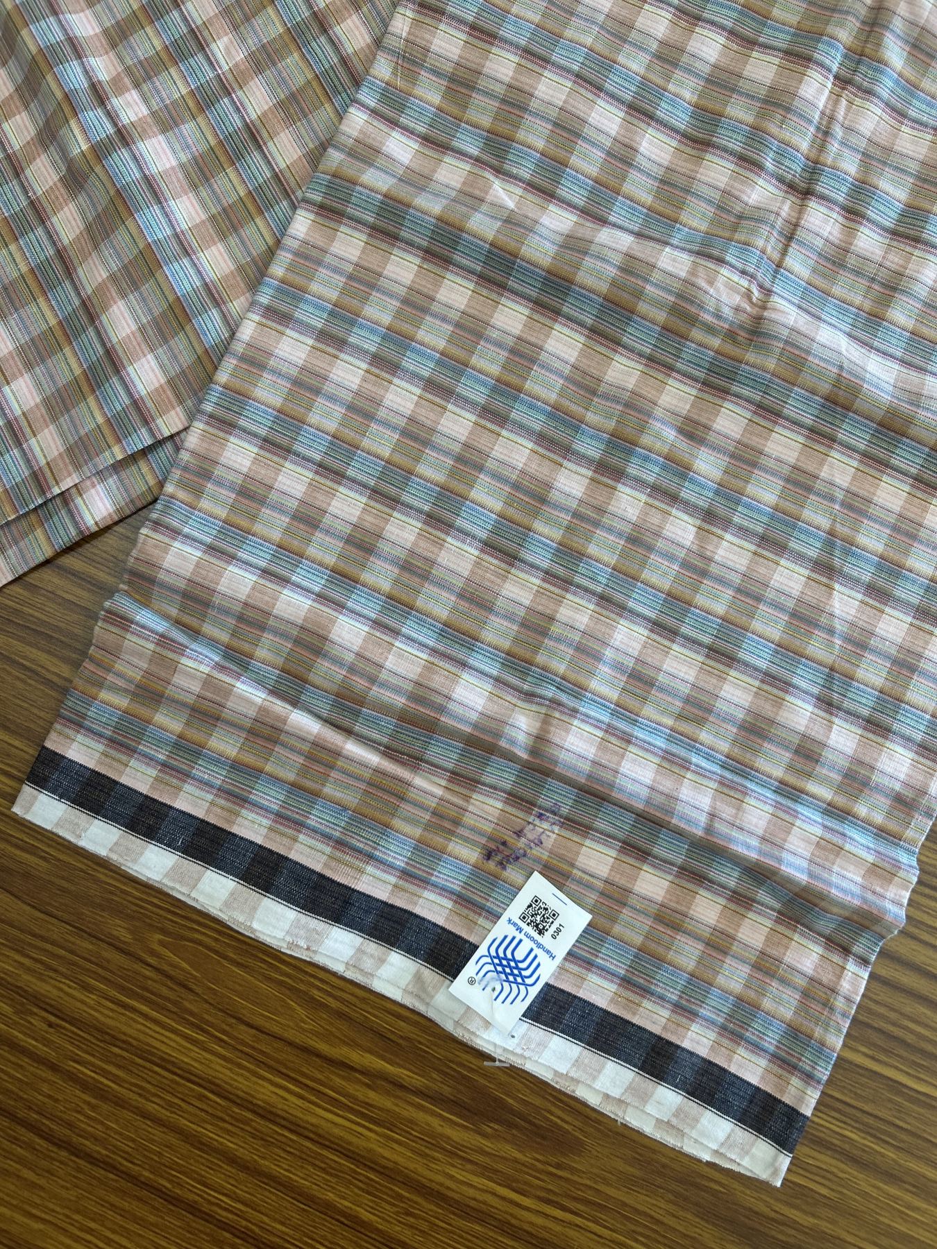 Kerala Handloom - Signature Kaitharikada - 100% Pure Cotton - 2/60X40s Twisted Thread - Handloom Single Mundu/Dhoti - Light Peach & Multi colour Check Body - Above 2 mtr - 66 KK8046 KAL