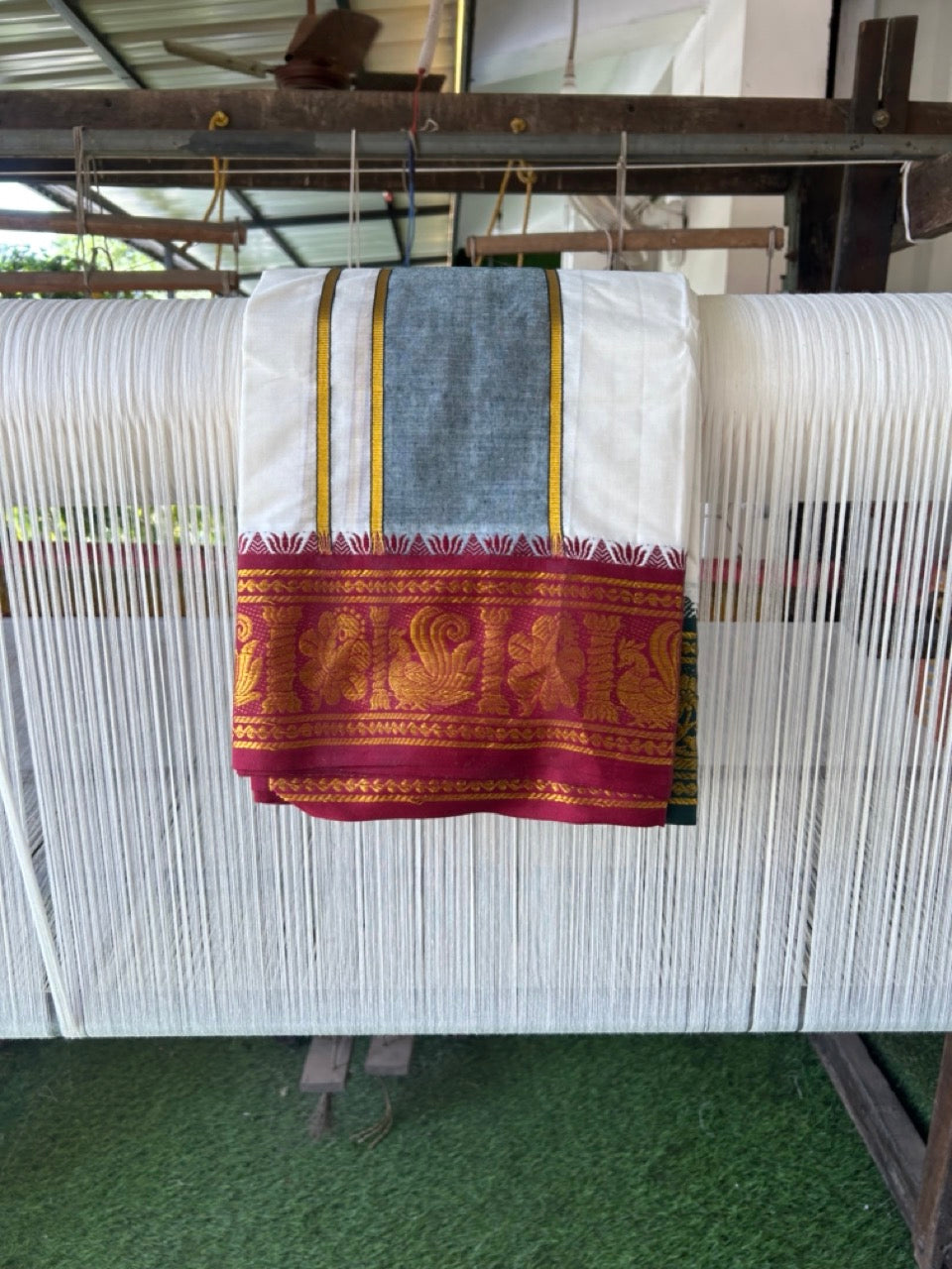 20% Discount! KaithariKada Cotton Mix Off White - (Unbleached) 80X90 thread - North Indian- Attached Gamcha- 10X6 Dhoti - 3.75 inch Green Gold Kasav kara with Dark Maroon & Green Gold Kasav Design border - 5 KK8304 PMC