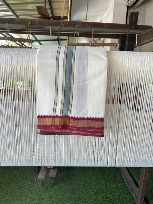 20% Discount! KaithariKada Cotton Mix Off White - (Unbleached) 80X90 thread - North Indian- Attached Gamcha- 10X6 Dhoti - 1.25 inch Green Gold Kasav kara with Dark Maroon & Green Gold Kasav Design border - 9 KK8304 PMC