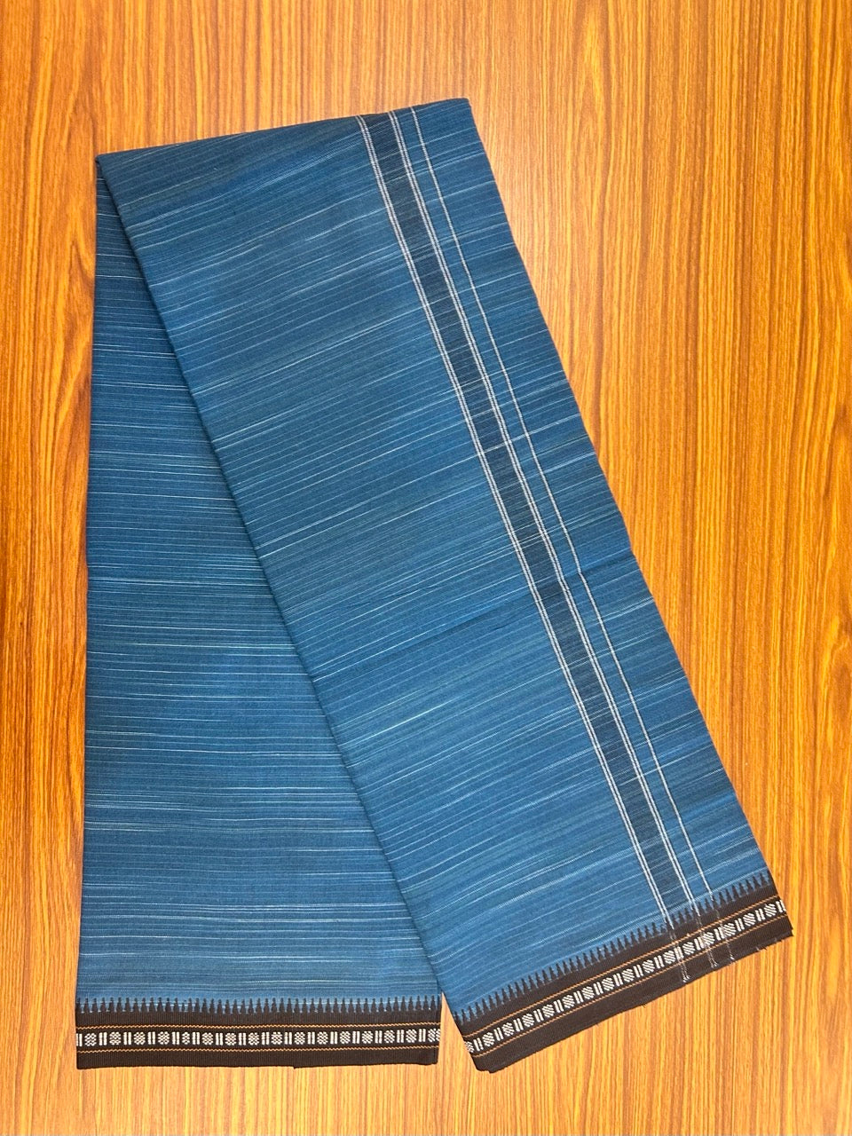 31% Discount!!! Kaitharikada 90% cotton 5 % Polyster - Single Kaily / Lungi - 1 inch Peacock Blue Striped kara with White & Peacock Blue colour body Kuppadam Border (2 meter / 4 muzham) - 22KK8023 AS