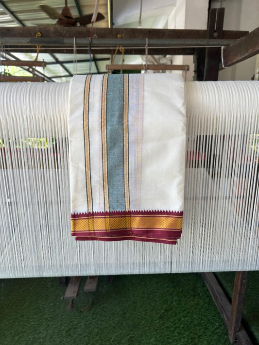 20% Discount! KaithariKada Cotton Mix Off White - (Unbleached) 80X90 thread - North Indian- Attached Gamcha - 10X6 Dhoti - 2 inch Green Gold Kasav kara with Maroon & Green Gold Kasav Design border - 13 KK8304 PMC