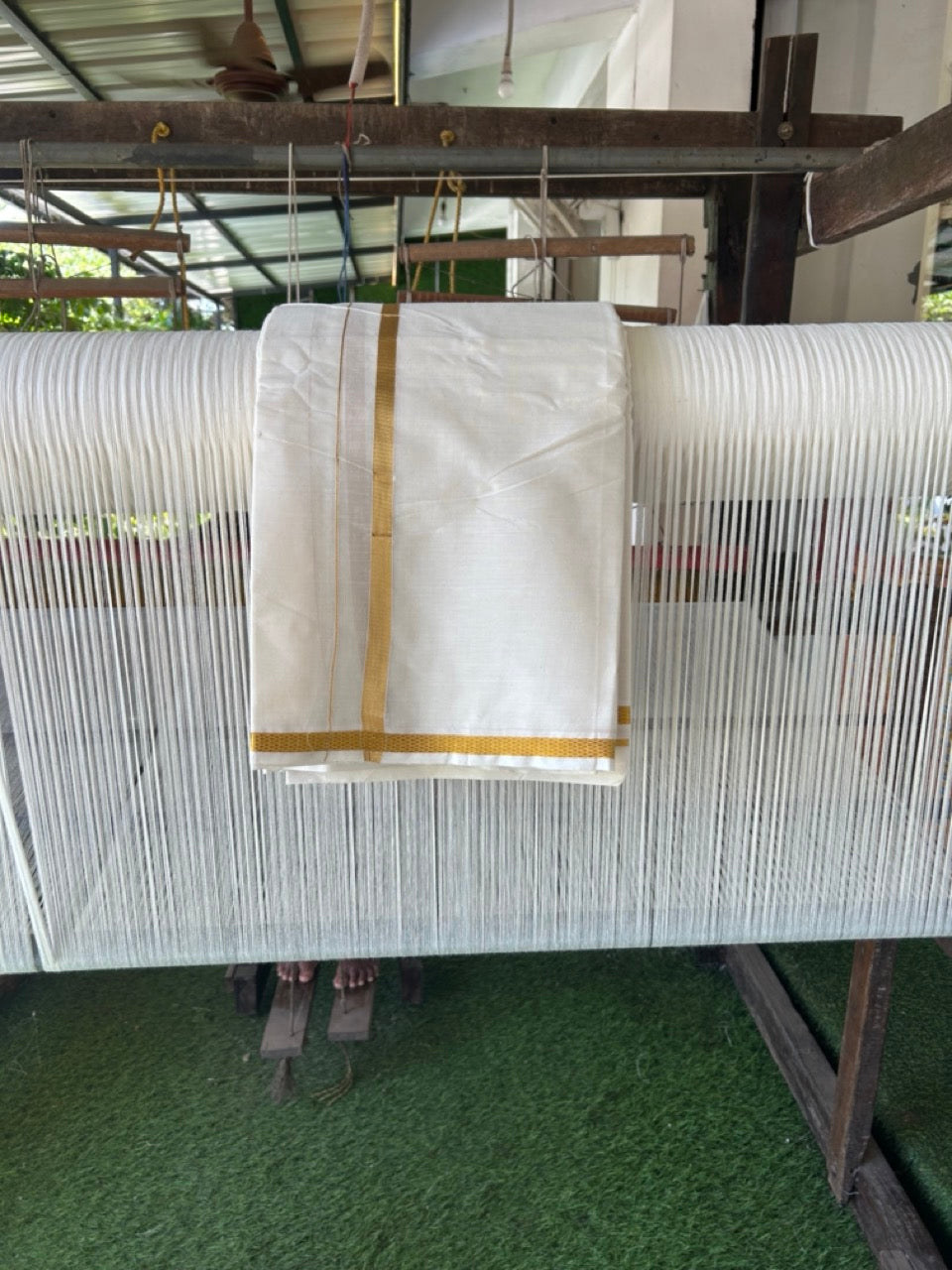 20% Discount! Kaitharikada Balaramapuram Cotton Mix Off White - (Unbleached) 80X90 thread - North Iindian- Attached Gamcha - 10X6 Dhoti - 0.5 inchGold Kasav border - 20 KK8304 PMC