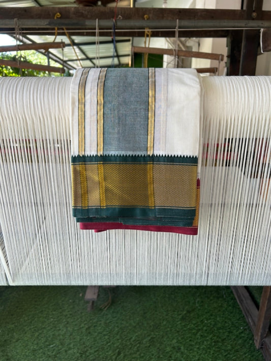 20% Discount! KaithariKada Cotton Mix Off White - (Unbleached) 80X90 thread - North Indian- Attached Gamcha- 10X6 Dhoti - 4 inch Green Gold Kasav kara with Dark Maroon & Green Gold Kasav Design border - 8 KK8304 PMC