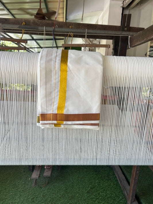 20% Discount! KaithariKada Cotton Mix Off White - (Unbleached) 80X90 thread - North Indian- Attached Gamcha - 10X6 Dhoti - 1 inch Gold Kasav kara with Maroon & Green Gold Kasav Design border - 18 KK8304 PMC