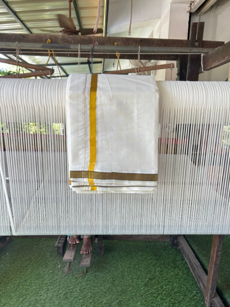 20% Discount! KaithariKada Cotton Mix Off White - (Unbleached) 80X90 thread - North Ii-ndian- Attached Gamcha - 10X6 Dhoti - 0.75 inch Gold Kasav kara with Maroon & Green Gold Kasav Design border - 17 KK8304 PMC