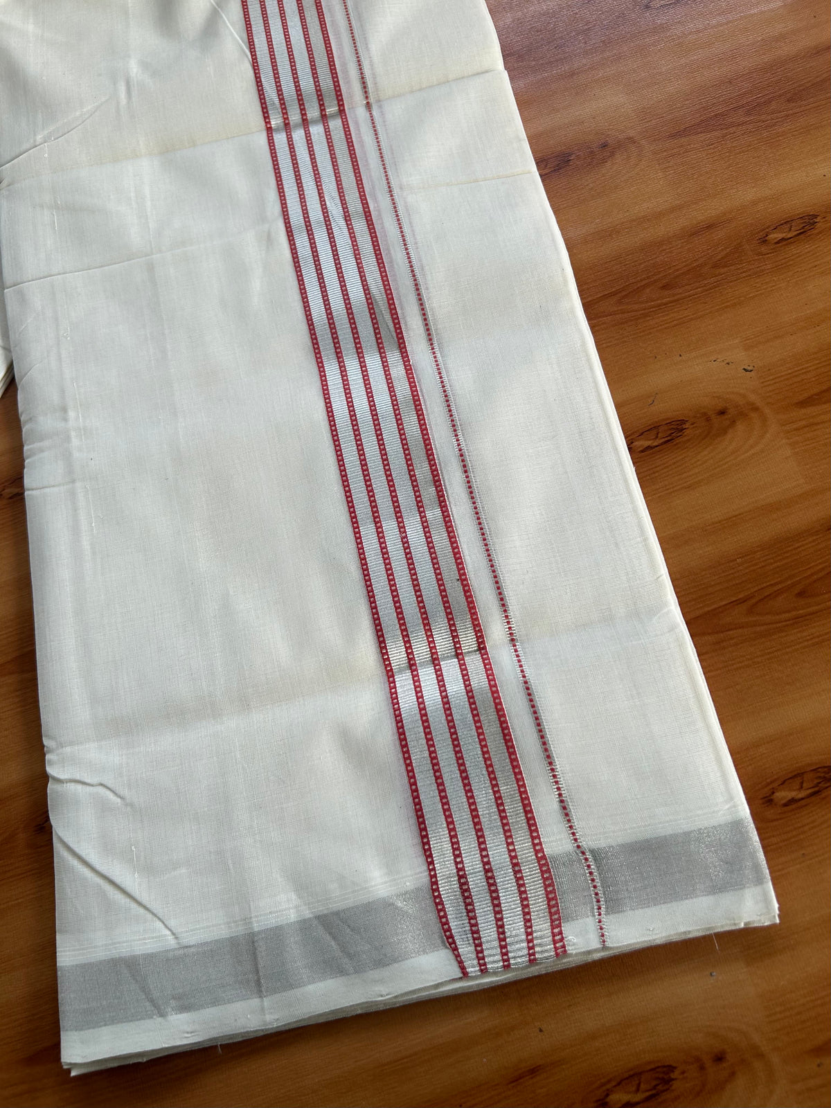 Double Off White (Unbleached) Mundu/Dhoti - 25% Discount! KaithariKada Handloom Unakkupaav Kerala Handloom - Pure Cotton - 80x90 - 1.5 Inch Silver Kasav & Pink Peach Striped Kara 4 Mtr (8.5 Muzham) - 2 KK5551 STH