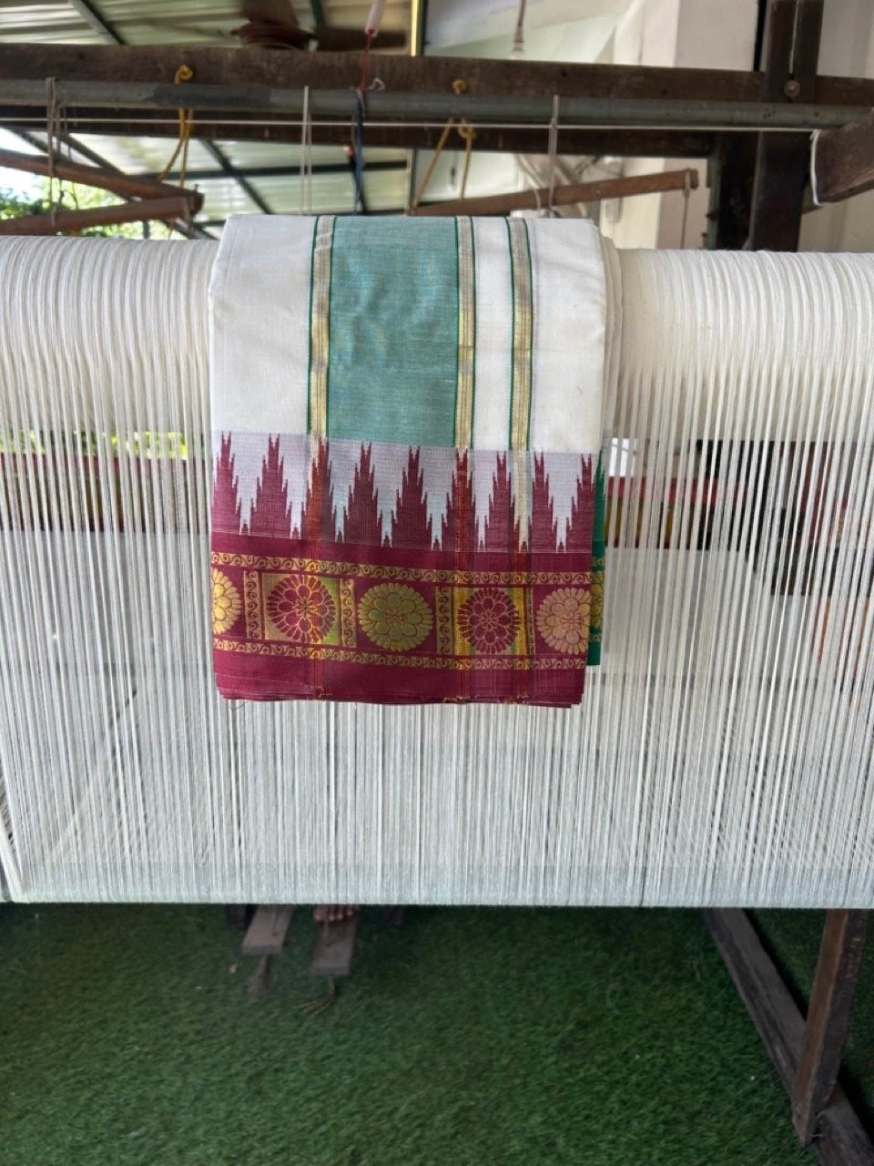 20% Discount! KaithariKada Cotton Mix Off White - (Unbleached) 80X90 thread - North Indian - Attached Gamcha - 10X6 Dhoti 3.75 inch Green Gold Kasav kara with Red & Green Gold Kasav Design border - 3 KK8304 PMC