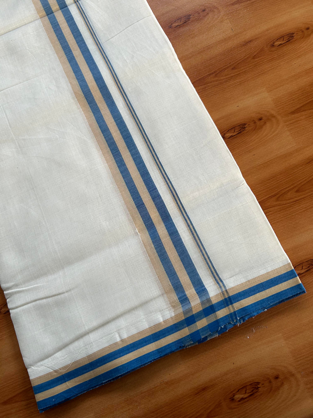 Double Off White (Unbleached) Mundu/Dhoti - 25% Discount! KaithariKada Handloom Unakkupaav Kerala Handloom - Pure Cotton - 80x90 - 1.25 Inch Blue & Sand Brown Striped Kara 4 Mtr (8.5 Muzham) - 4 KK5551 STH