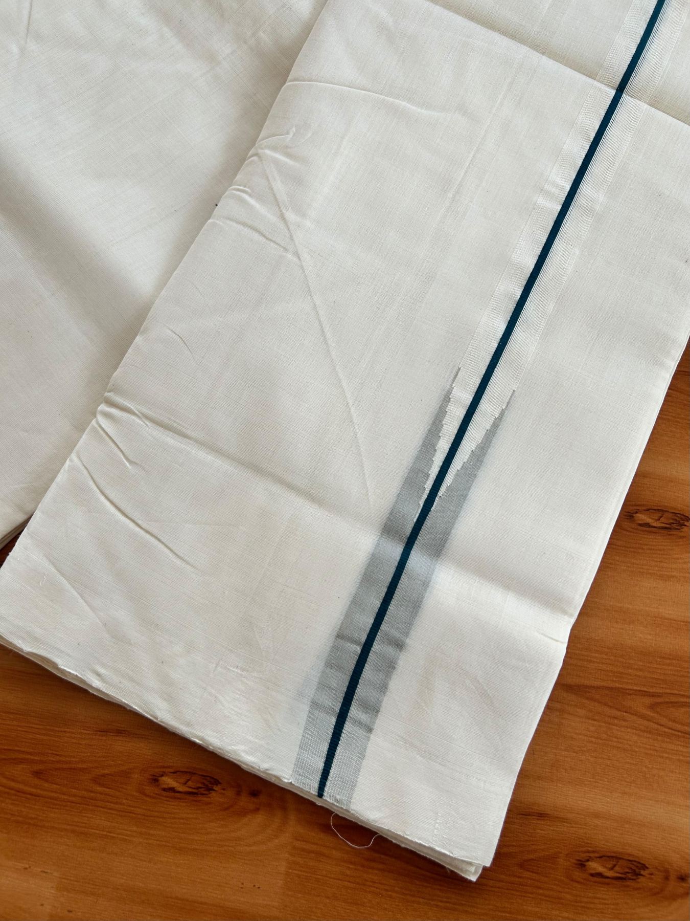 Short Dhoti Special! Double Off White Dhoti - 25% Discount! KaithariKada Kerala Handloom Unakkupaav - 100% Pure Cotton 100x80 - 46 inches Height - 1.25 inch Dark Green & Grey Puliyilakkara Chutty 3.60 mtr (8 muzham) - 4 KK5498 REA
