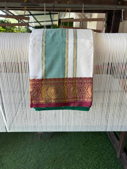 20% Discount! KaithariKada Cotton Mix Off White - (Unbleached) 80X90 thread - North Indian - Attached Gamcha - 10X6 Dhoti - 3.75 inch Green Gold Kasav kara with Dark Maroon & Green Gold Kasav Design border - 4 KK8304 PMC
