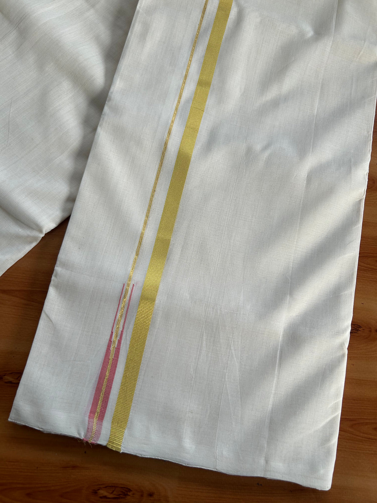 Double Off White (Unbleached) Mundu/Dhoti - 25% Discount! KaithariKada Handloom Unakkupaav Kerala Handloom - Pure Cotton - 80x90 - 1.5 cm Puliyilakkara Gold Kasav & Peach Chutty Kara 4 Mtr (8.5 Muzham) - 9 KK5551 STH