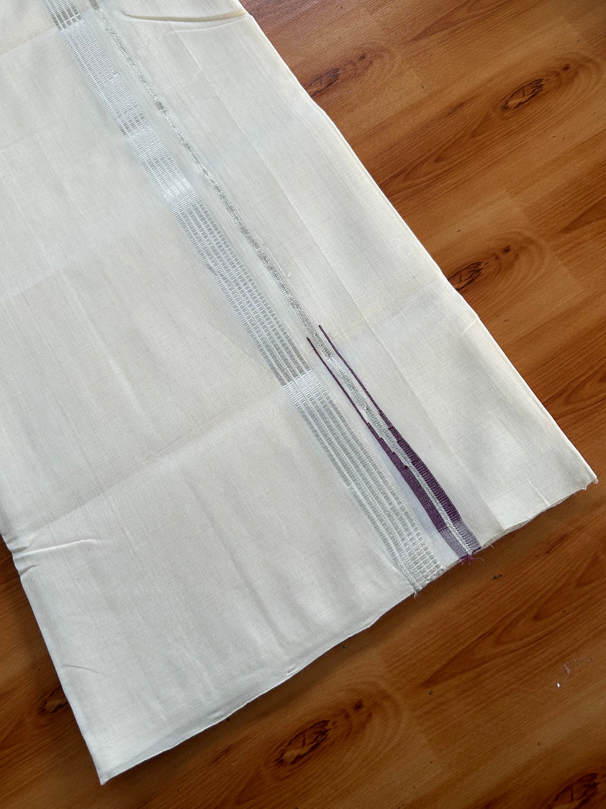Double Off White (Unbleached) Mundu/Dhoti - 25% Discount! KaithariKada Handloom Unakkupaav Kerala Handloom - Pure Cotton - 80x90 - 1.5 cm Puliyilakkara Silver Kasav & Purple Striped Chutty Kara 4 Mtr (8.5 Muzham) - 5 KK5551 STH