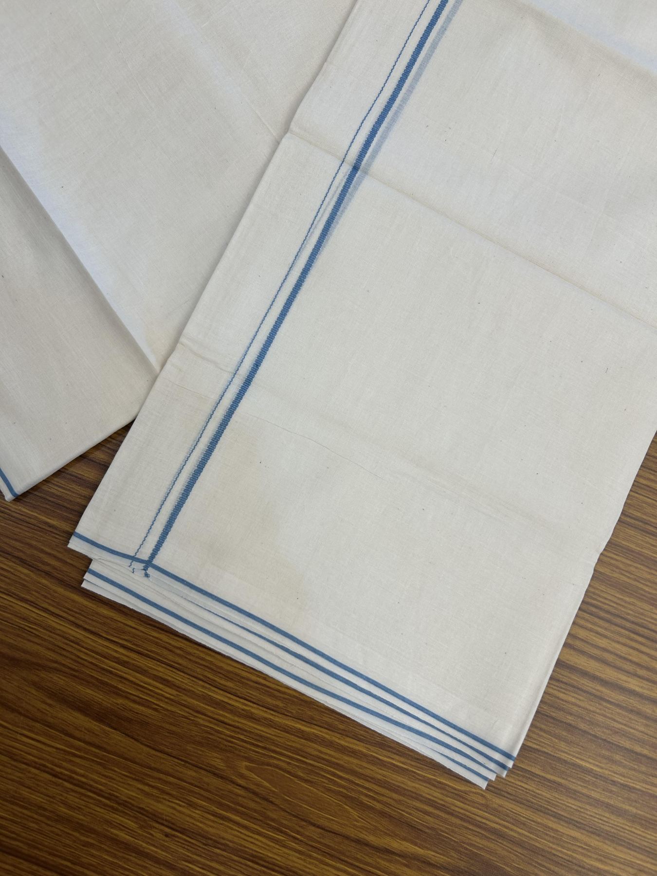 20% Discount! KaithariKada Balaramapuram 100% Cotton Double Off white - (Unbleached) - Mundu/Dhoti - 100x80 - 0.3 cm Ash Blue Thin Kara - 22 KK5357 VAS