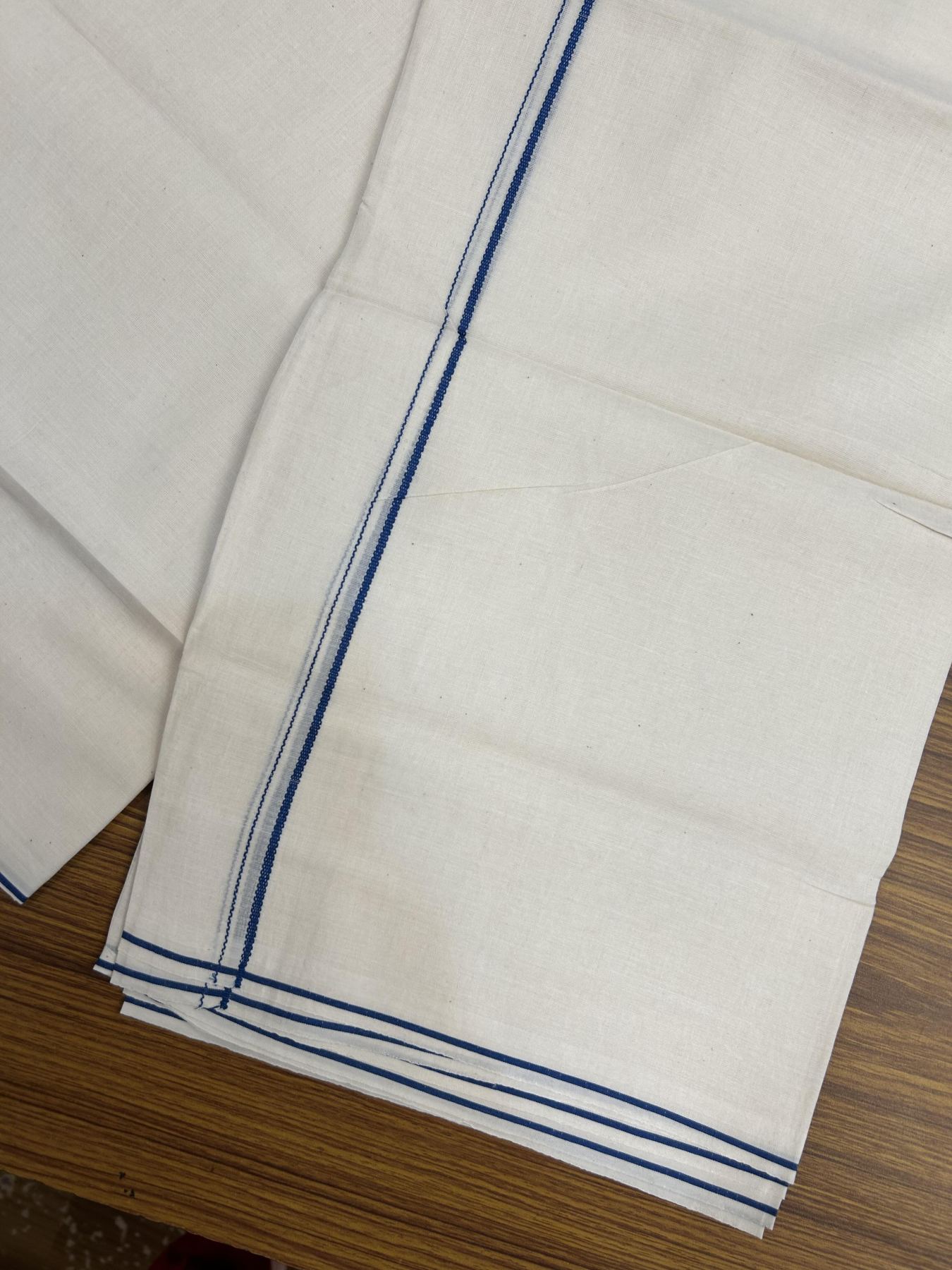 20% Discount! KaithariKada Balaramapuram 100% Cotton Double Off white - (Unbleached) - Mundu/Dhoti - 100x80 - 0.3 cm Dark Peacock Blue Thin Kara 4 mtr (8.5 muzham) - 27 KK5357 VAS