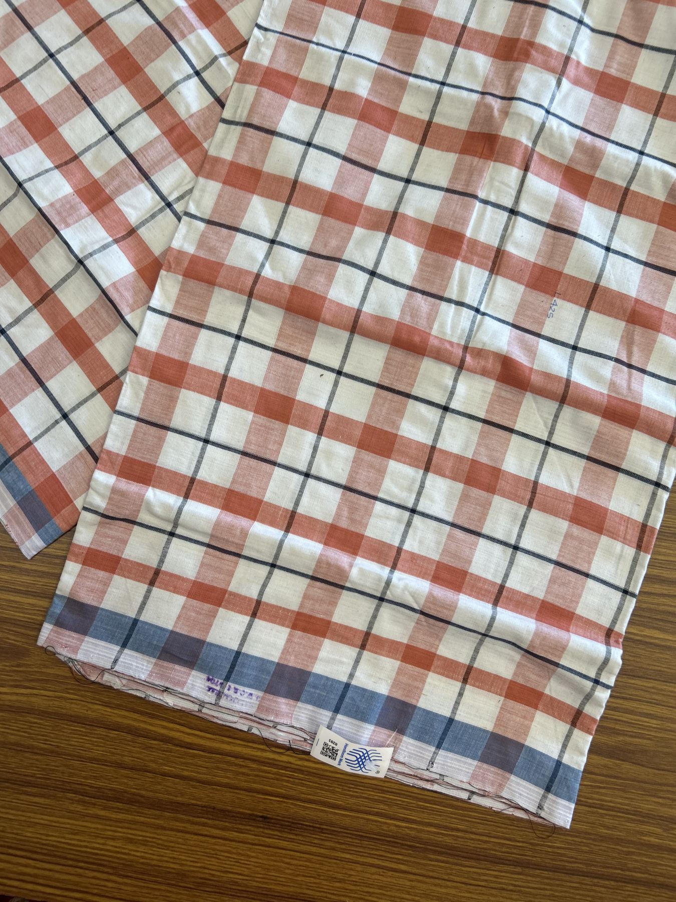 Kerala Handloom - Signature Kaitharikada - Government Sealed Hallmarked - 100% Pure Cotton - 2/60X40s Twisted Thread - Handloom Single Mundu/Dhoti - Brick Orange & Navy blue check Body - 2.62 mtr - 62 KK8046 KAL