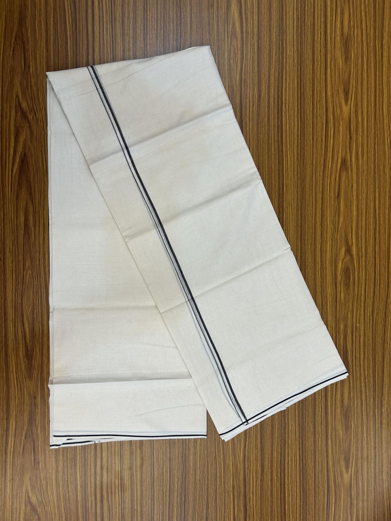 20% Discount! KaithariKada Balaramapuram 100% Cotton Double Off white - (Unbleached) - Mundu/Dhoti - 100x80 - 0.3 cm Black Design Thin Kara 4 mtr (8.5 muzham) - 24 KK5357 VAS