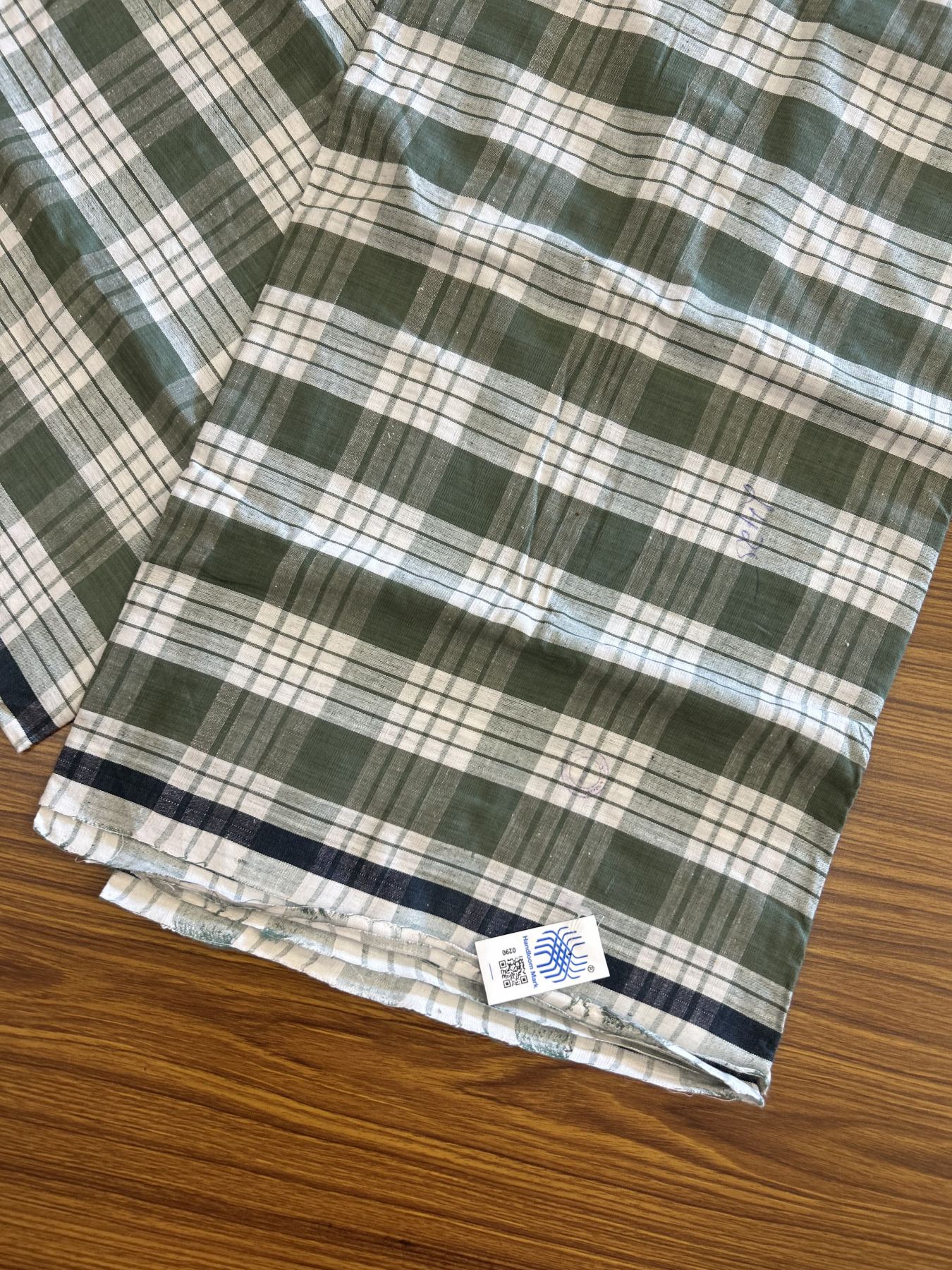 Kerala Handloom - Signature Kaitharikada - Government Sealed Hallmarked - 100% Pure Cotton - 2/60X40s Twisted Thread - Handloom Single Mundu/Dhoti - Olive Green Check Body - 2.40 mtr - 56 KK8046 KAL