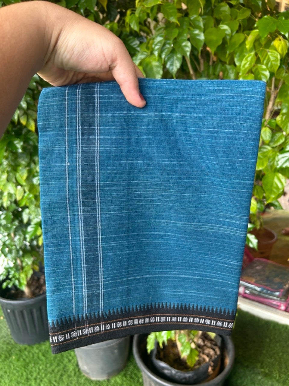 31% Discount!!! Kaitharikada 90% cotton 5 % Polyster - Single Kaily / Lungi - 1 inch Peacock Blue Striped kara with White & Peacock Blue colour body Kuppadam Border (2 meter / 4 muzham) - 22KK8023 AS