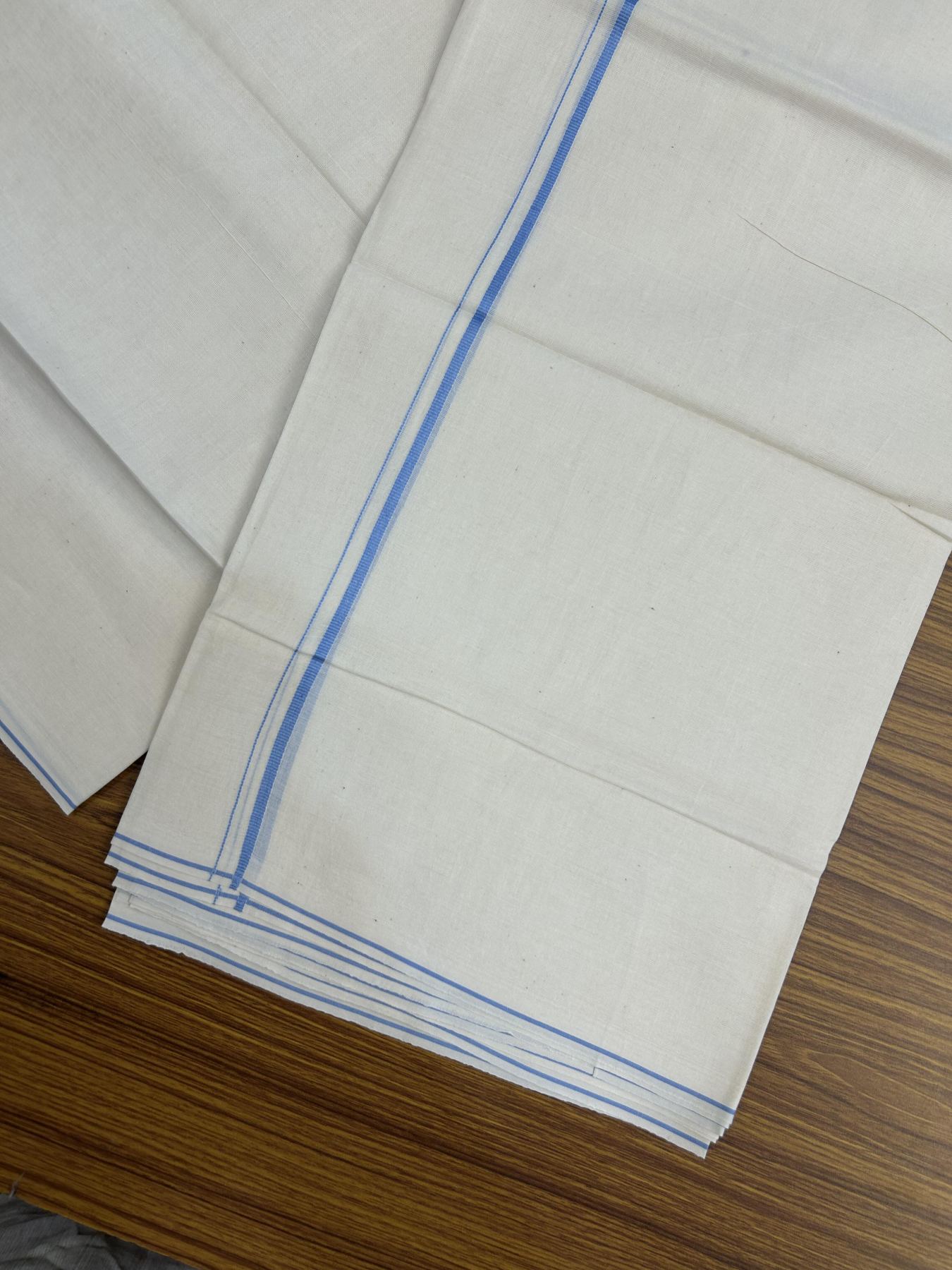 20% Discount! KaithariKada Balaramapuram 100% Cotton Double Off white - (Unbleached) - Mundu/Dhoti - 100x80 - 0.3 cm Light Blue Thin Kara 4 mtr (8.5 muzham) - 34 KK5357 VAS